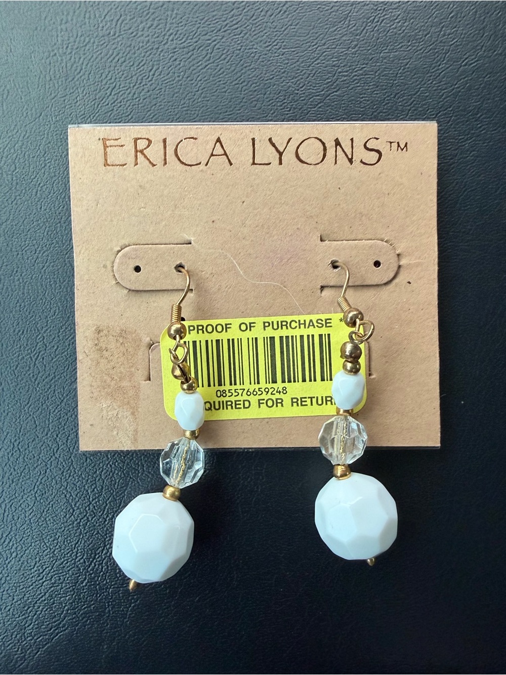 NWT Erica Lyons White and Clear Bead Drop Earrings with Gold-Tone Accents
